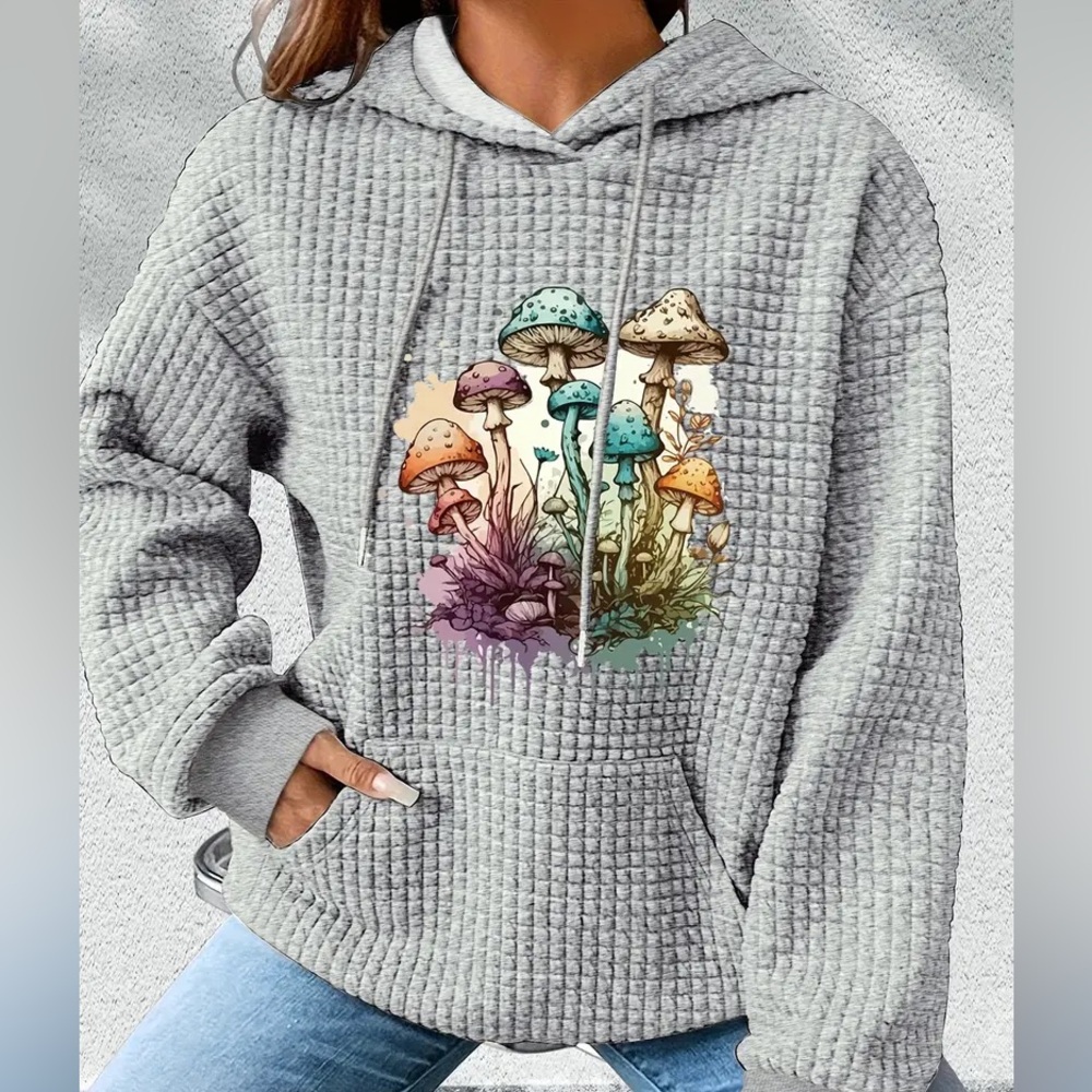 Gray Waffle Textured Hoodie with Colorful Mushroom Design size Small